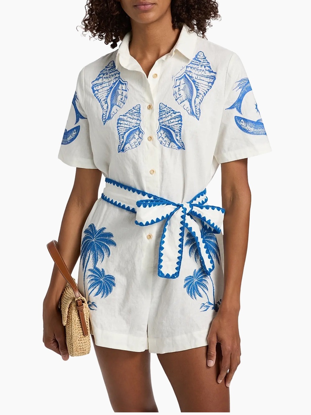 FARM Rio White Linen Romper with Blue Shell & Palm Print - Picture 3 of 16